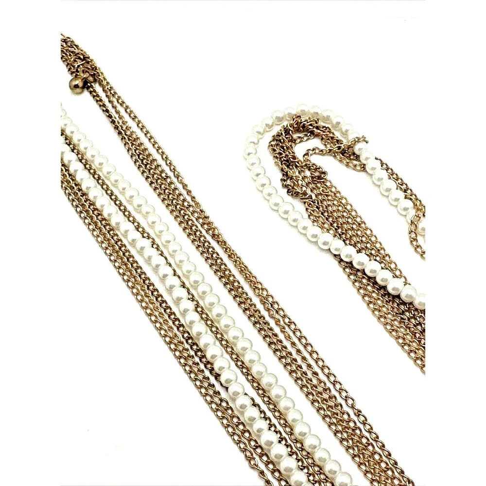 Vintage Multi Strand Statement Necklace Faux Pearl Gold Tone Chains Long 45